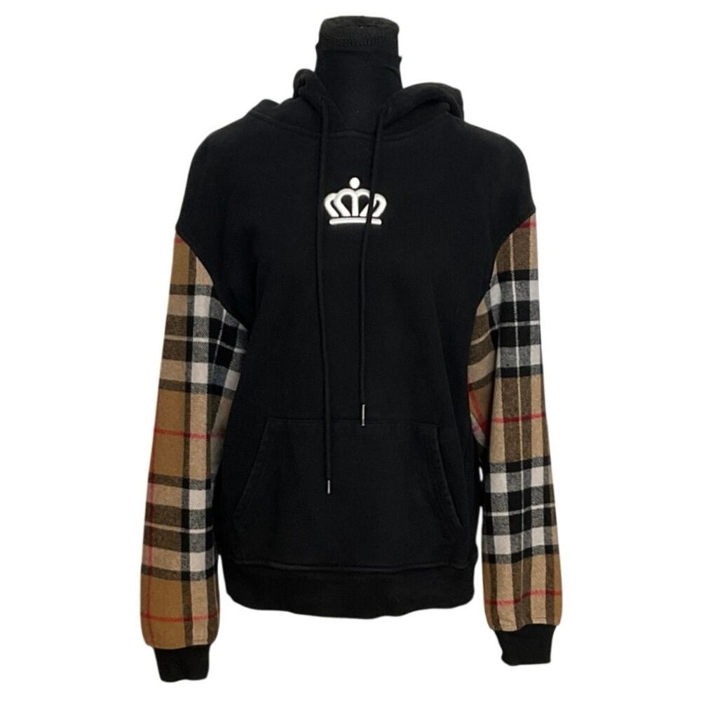 704 Shop Plaid Sleeve Hoodie XS Black Crown Embroidered Logo Style Pullover - Picture 2 of 9